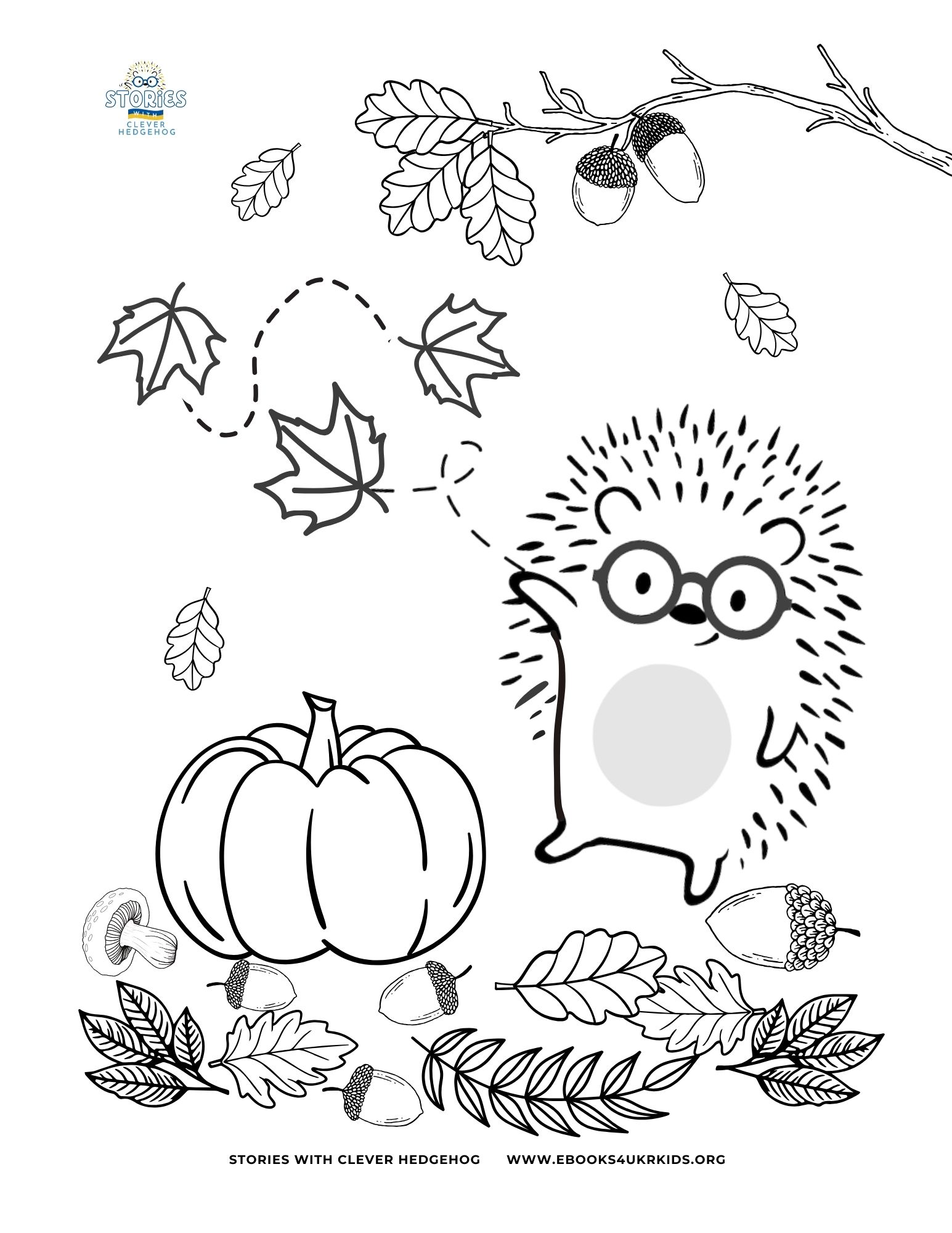 Coloring page for kids, Clever Hedgehog in Fall with pumpkin