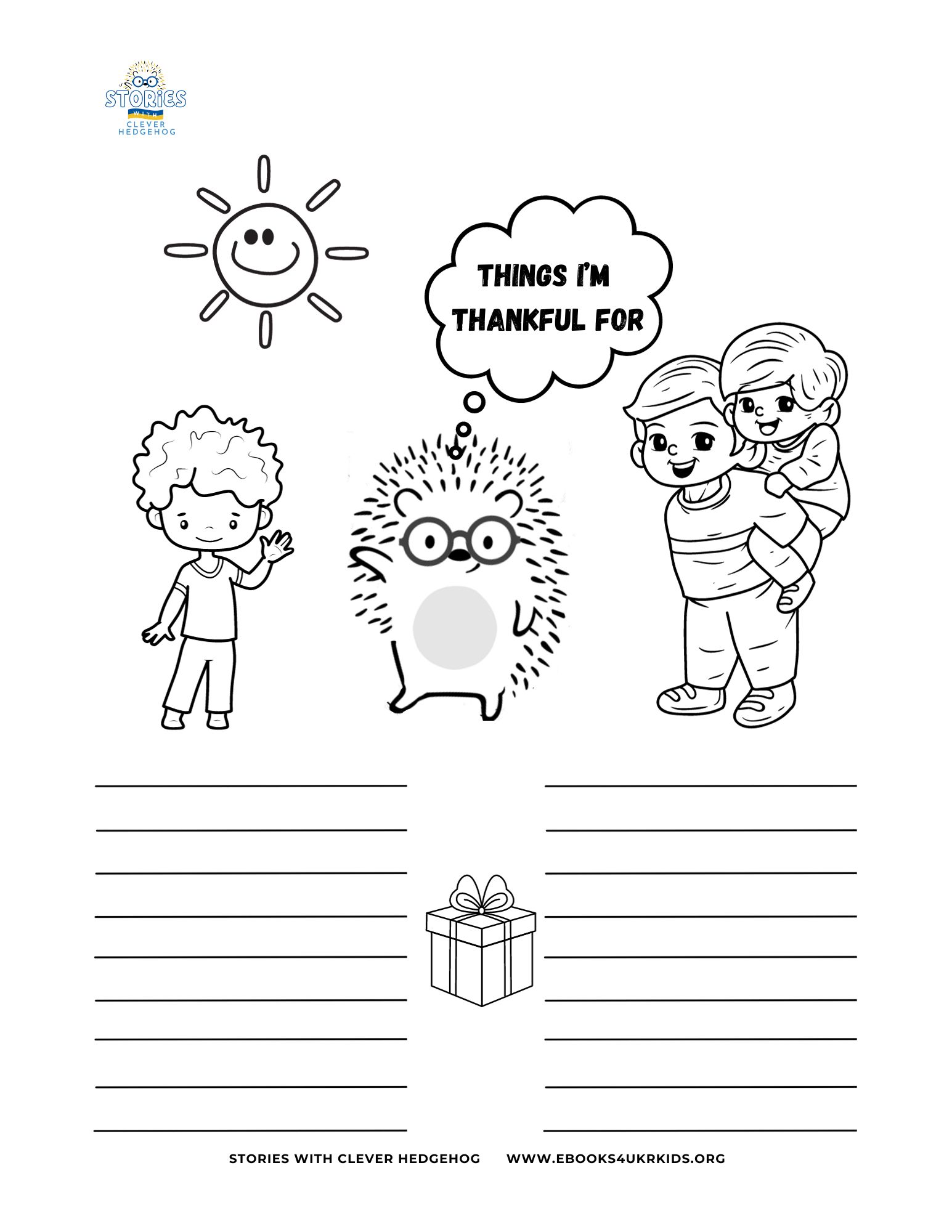 Things to be thankful for, Coloring page for kids, Stories with Clever Hedgehog