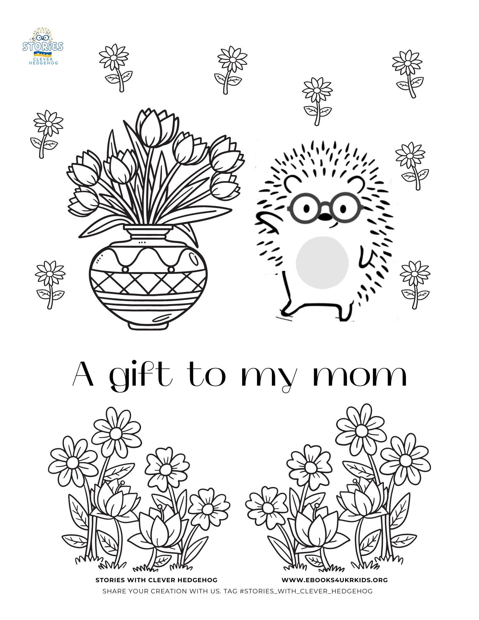 Coloring page for kids, Stories with Clever Hedgehog, Happy spring coloring page, a gift to my mom