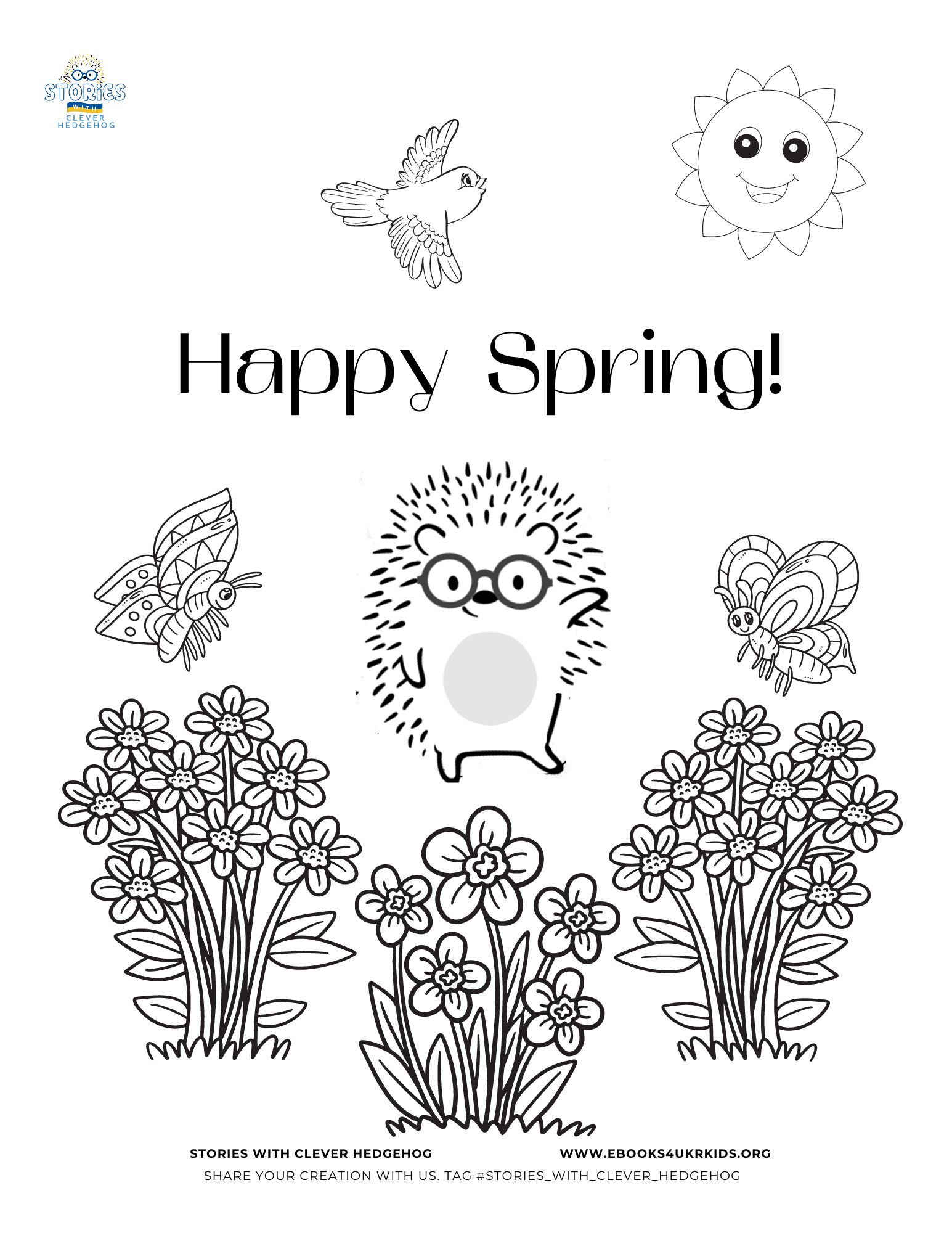 Coloring page for kids, Stories with Clever Hedgehog, Happy spring coloring page