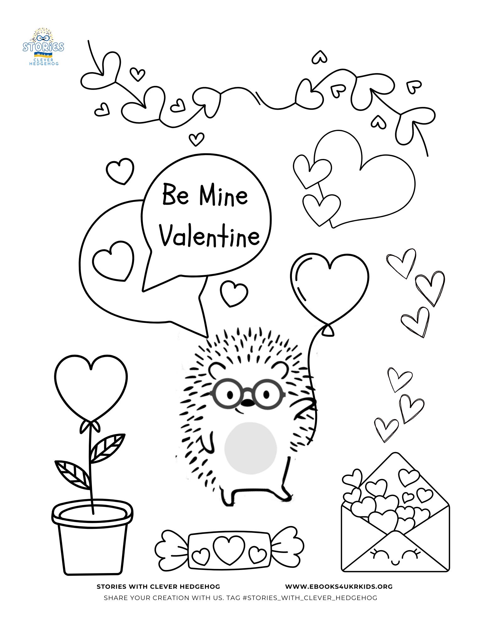 Valentine's Day Card, Coloring page for kids, Stories with Clever Hedgehog